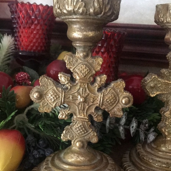 Rare Vintage Gold Cross Candle Holders Set - Picture 6 of 8